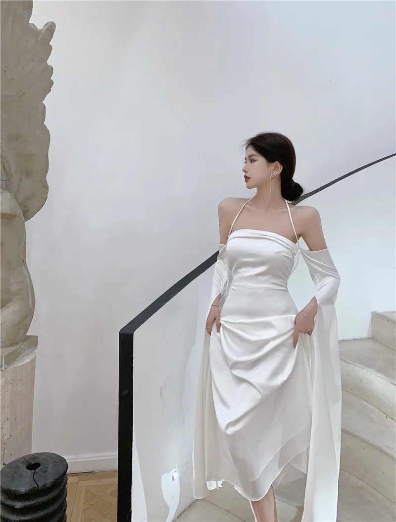Robe de soirée longue blanche en satin à épaules dénudées et dos nu, DP1984