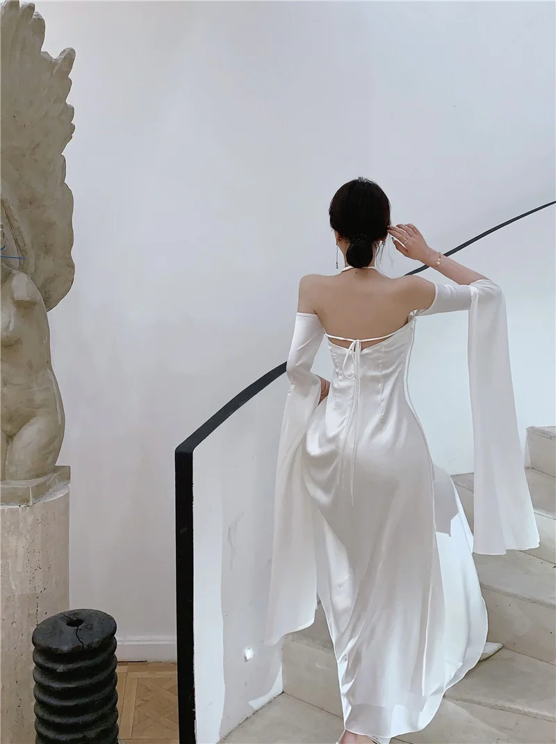 Robe de soirée longue blanche en satin à épaules dénudées et dos nu, DP1984
