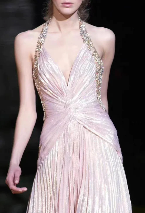 Pink Halter Beading A-Line Formal Party Dress, DP2048