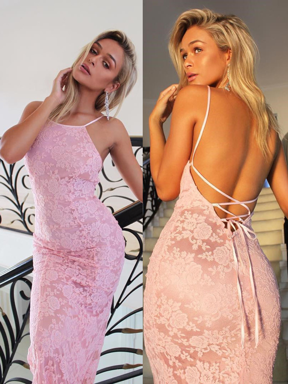 Sexy rückenfreies langes Meerjungfrau-Partykleid aus Spitze in Rosa, DP2152