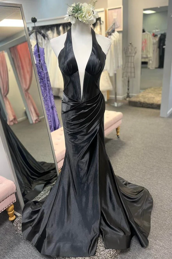 Marineblaues, langes Neckholder-Partykleid im Meerjungfrau-Stil mit V-Ausschnitt, DP2062