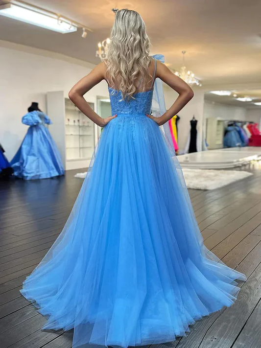 Robe de soirée longue en tulle et dentelle, élégante, asymétrique, bleue, coupe trapèze, DP2067