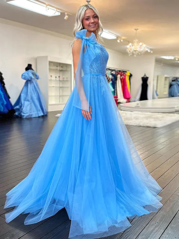 Robe de soirée longue en tulle et dentelle, élégante, asymétrique, bleue, coupe trapèze, DP2067