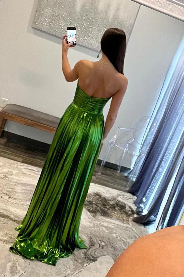 Grünes, trägerloses A-Linien-Partykleid mit Schlitz und Herzausschnitt, DP2068