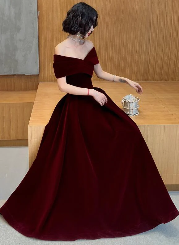 Burgundy Velvet Off Shoulder A-Line Long Prom Dress, DP2076