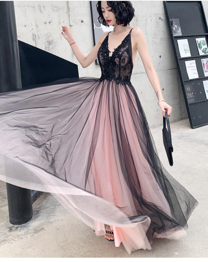Pink Tulle V-Neck Applique Long Party Dress Evening Gown, DP2080