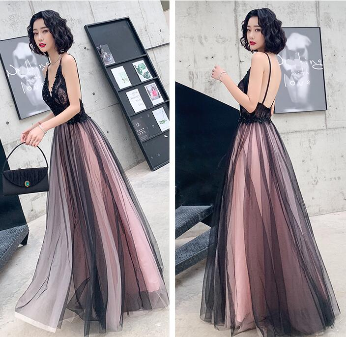 Pink Tulle V-Neck Applique Long Party Dress Evening Gown, DP2080