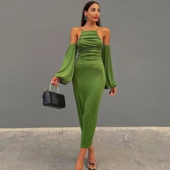 Green Straps Long Sleeves Sheath Long Party Dress, DP2093