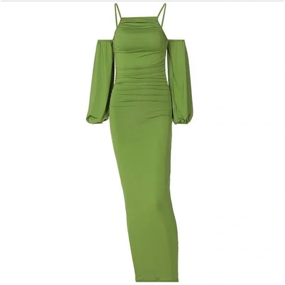Green Straps Long Sleeves Sheath Long Party Dress, DP2093