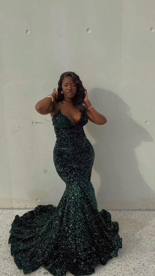 Dunkelgrünes langes Meerjungfrauen-Partykleid mit Herzausschnitt und Pailletten, DP2111