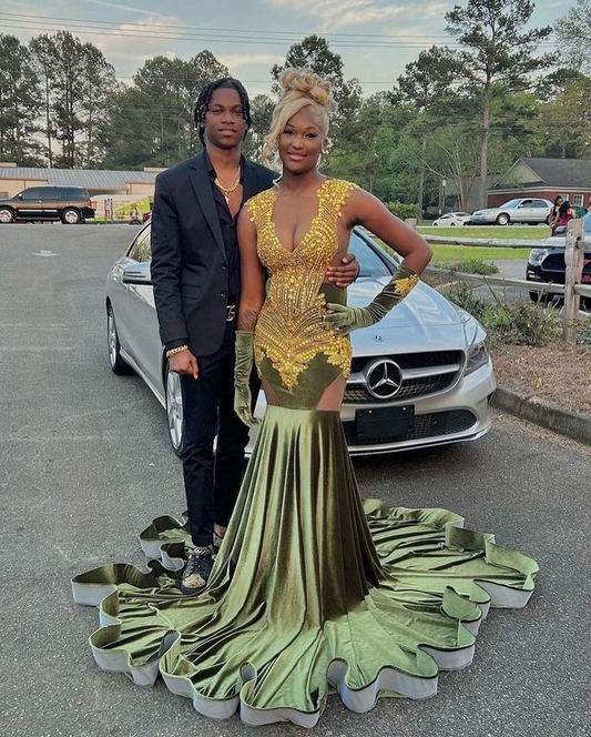 Olive Green Velvet Appliques Black Girl Mermaid Long Party Dress, DP2112