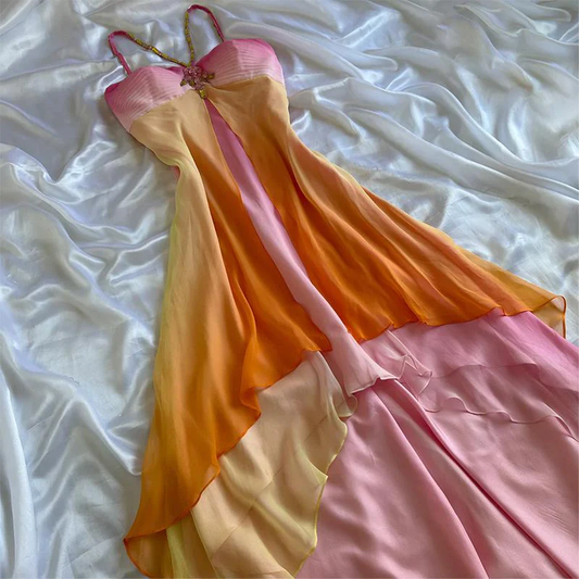 Vintage Colorful Beaded Sheath Chiffon Prom Dress Party Dress DP2116