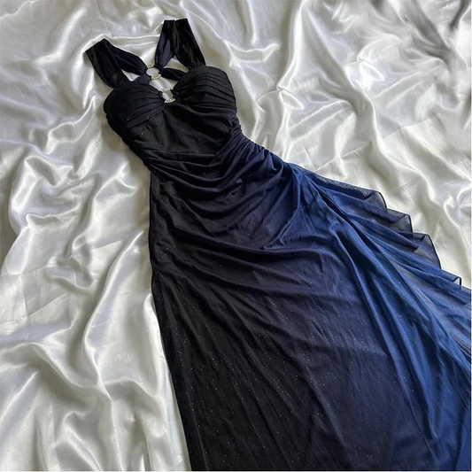 Dark Blue Ombre Straps Shiny Chiffon Vintage Long Prom Dress, DP2120