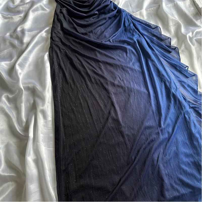 Dark Blue Ombre Straps Shiny Chiffon Vintage Long Prom Dress, DP2120