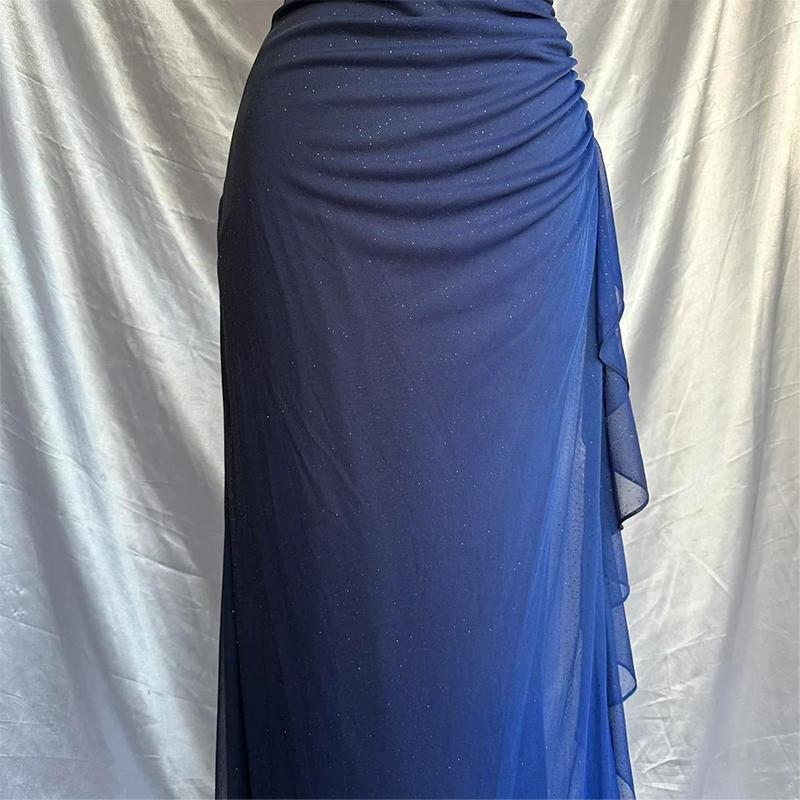 Dark Blue Ombre Straps Shiny Chiffon Vintage Long Prom Dress, DP2120