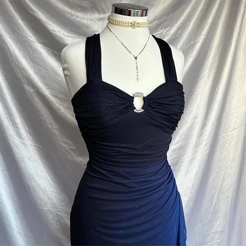 Dark Blue Ombre Straps Shiny Chiffon Vintage Long Prom Dress, DP2120