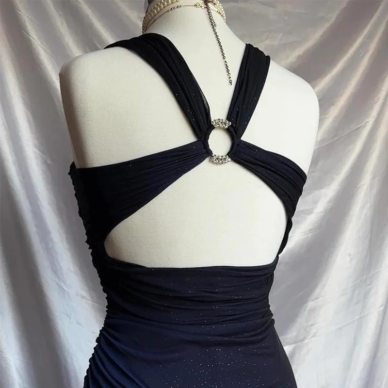 Dark Blue Ombre Straps Shiny Chiffon Vintage Long Prom Dress, DP2120