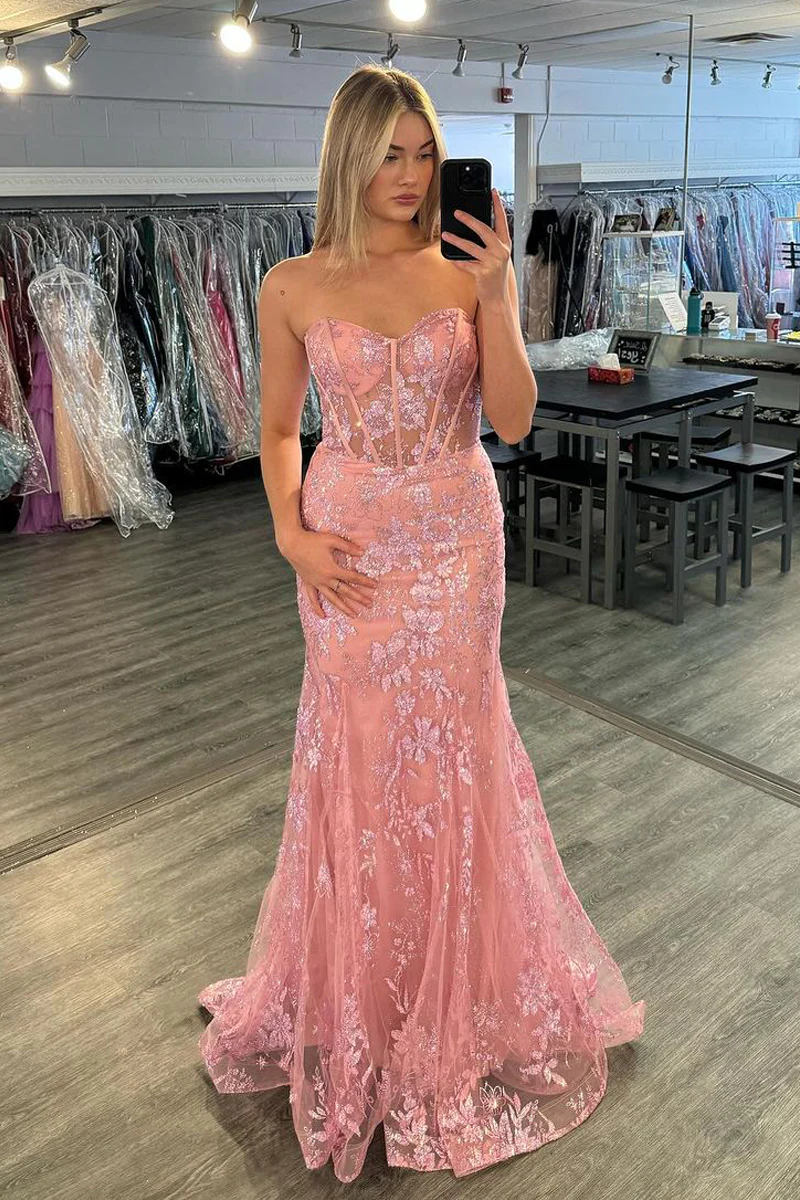 Rosa, trägerloses Meerjungfrau-Ballkleid aus Spitze mit Herzausschnitt, DP2137