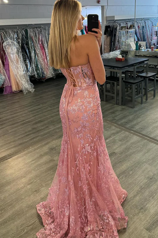 Pink Sweetheart Strapless Lace Mermaid Long Prom Dress, DP2137