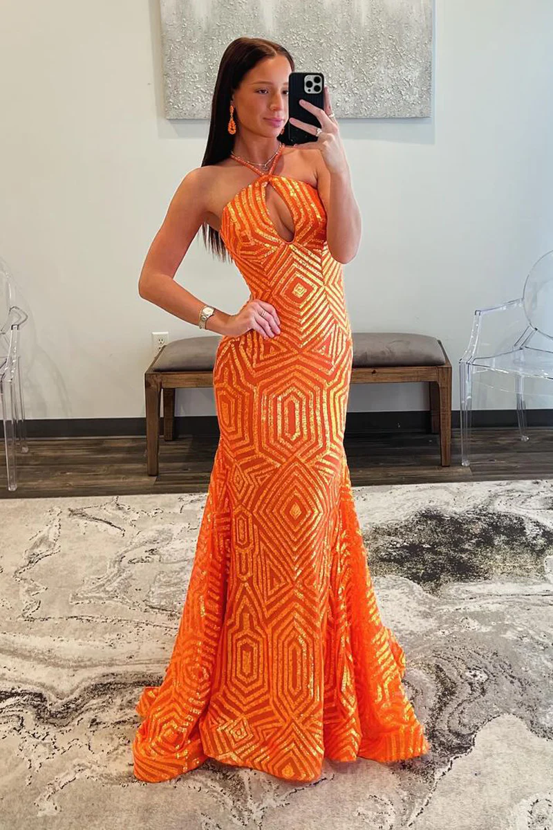 Orangefarbenes langes Meerjungfrau-Ballkleid mit Neckholder und Schlüsselloch-Pailletten, DP2140