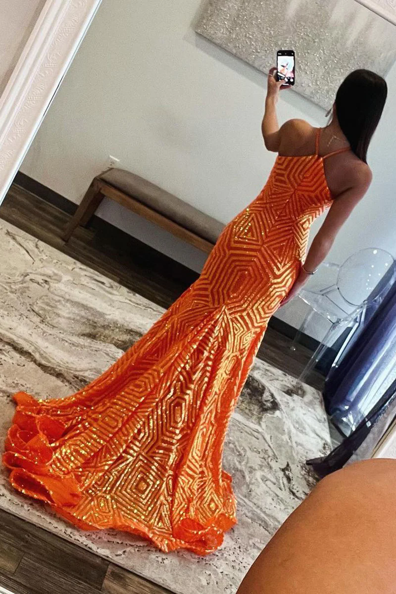 Orangefarbenes langes Meerjungfrau-Ballkleid mit Neckholder und Schlüsselloch-Pailletten, DP2140