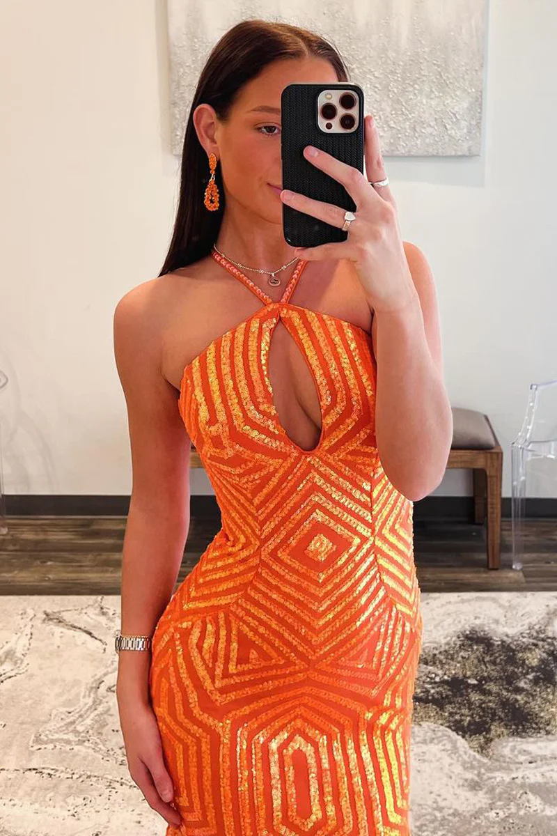 Orangefarbenes langes Meerjungfrau-Ballkleid mit Neckholder und Schlüsselloch-Pailletten, DP2140