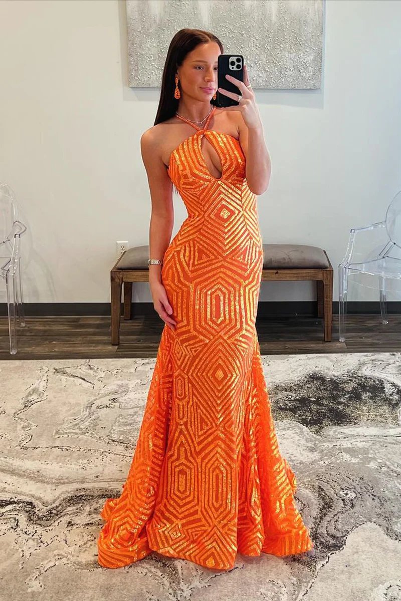 Orangefarbenes langes Meerjungfrau-Ballkleid mit Neckholder und Schlüsselloch-Pailletten, DP2140