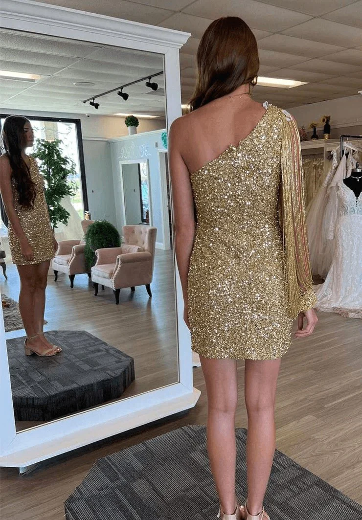 Robe de soirée brillante à une épaule et paillettes dorées, DP2165