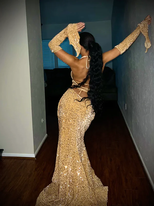 Robe de bal longue sirène dorée brillante à paillettes, DP2178