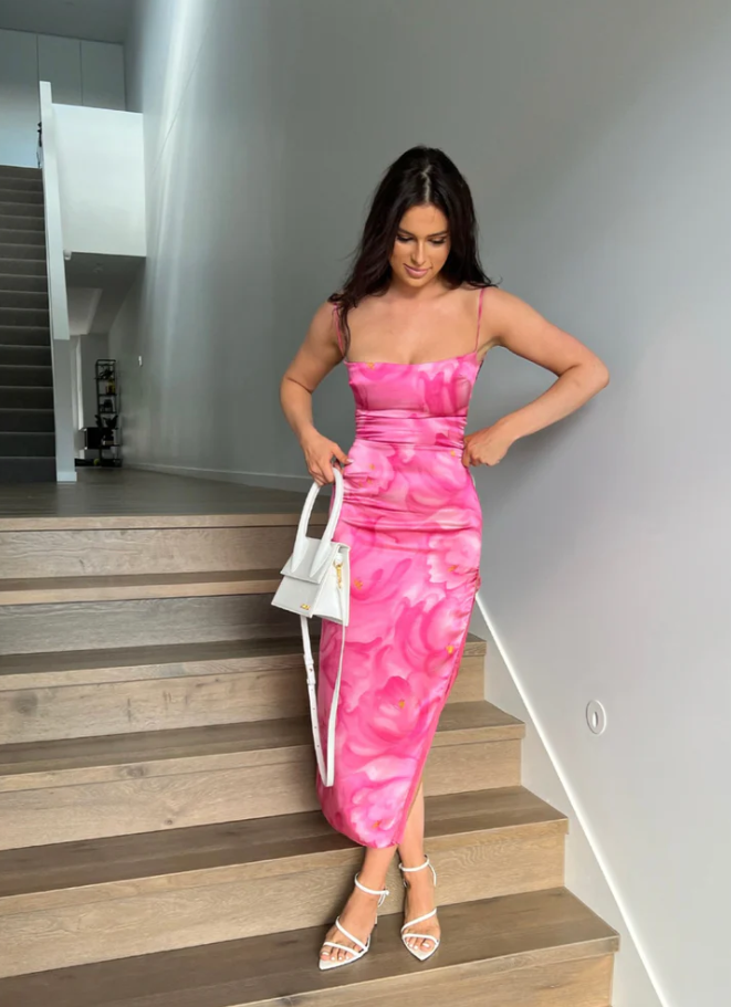 Pink Floral Spaghetti Straps Simple Party Dress with Slit, DP2185