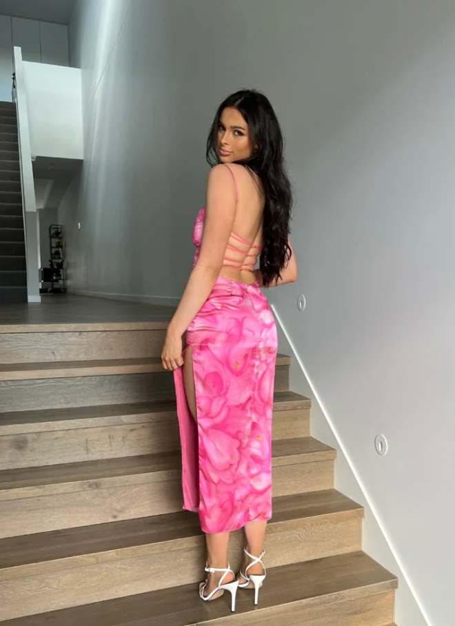 Pink Floral Spaghetti Straps Simple Party Dress with Slit, DP2185