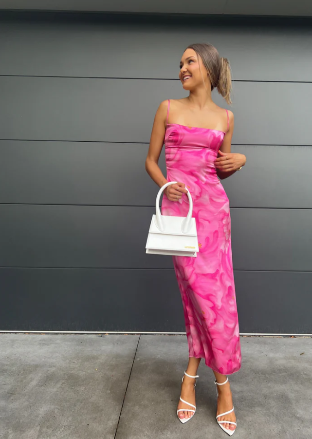 Pink Floral Spaghetti Straps Simple Party Dress with Slit, DP2185