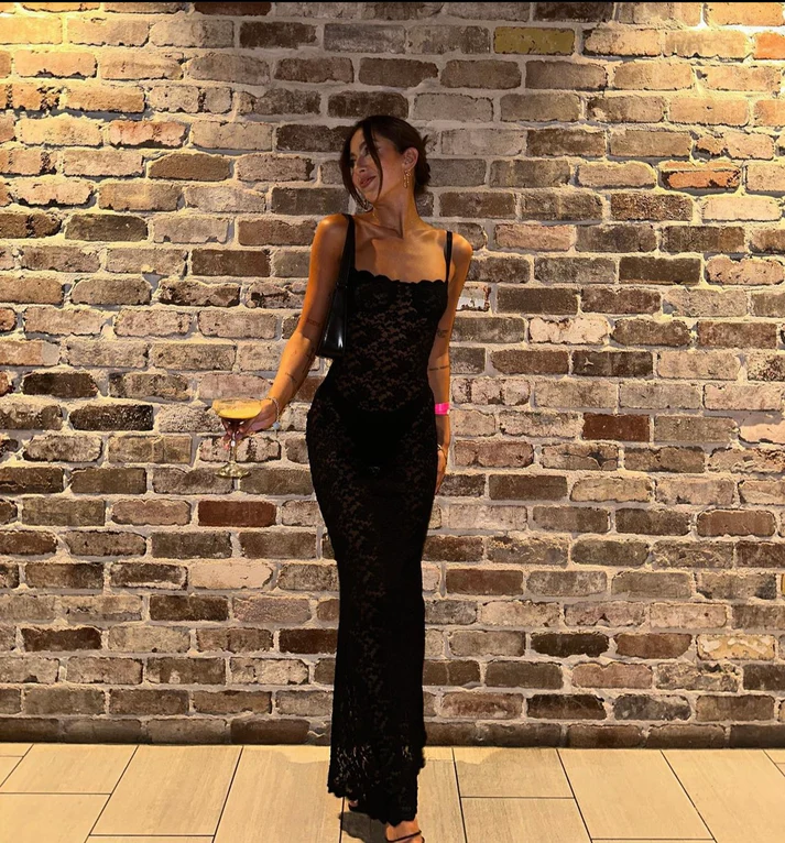 Sexy schwarzes langes Meerjungfrau-Partykleid mit Spaghettiträgern und Spitze, DP2186