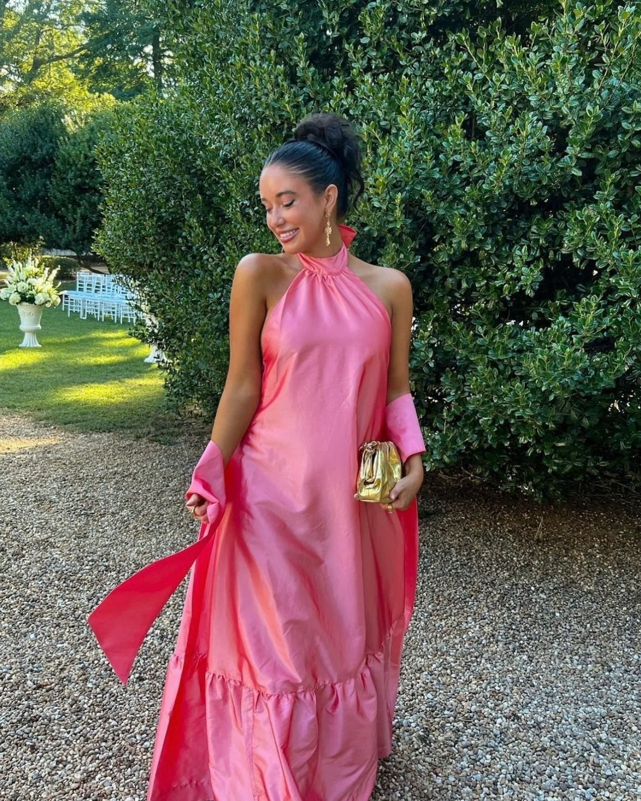 Pink Halter Backless Satin Sweet Long Party Dress, DP2198