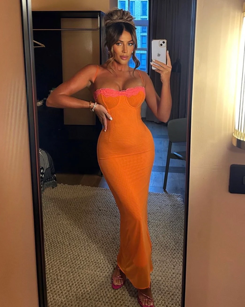 Sexy Orange Spaghettiträger Spitze Meerjungfrau Langes Partykleid, DP2200