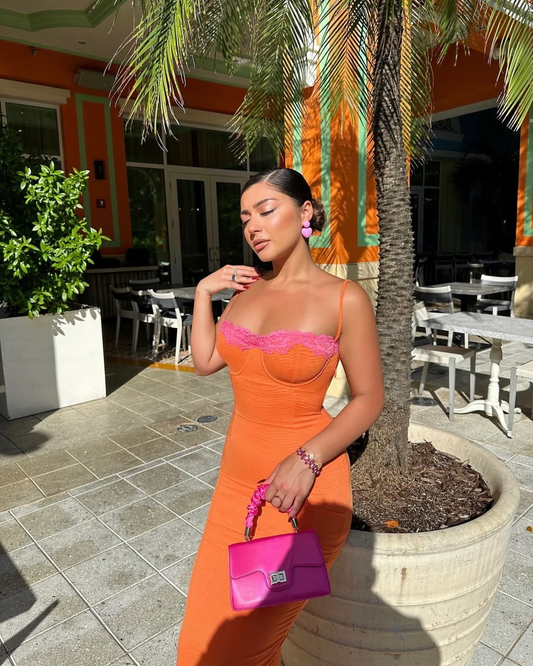 Sexy Orange Spaghettiträger Spitze Meerjungfrau Langes Partykleid, DP2200