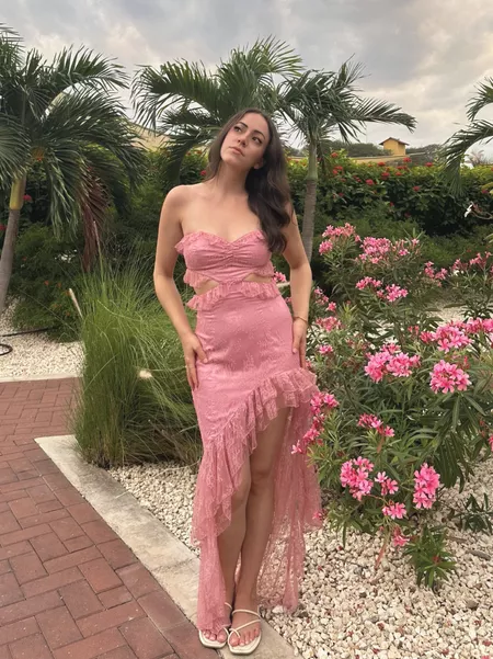 Pink Strapless Cut Out Lace High-Low Sweet Party Dress, DP2207