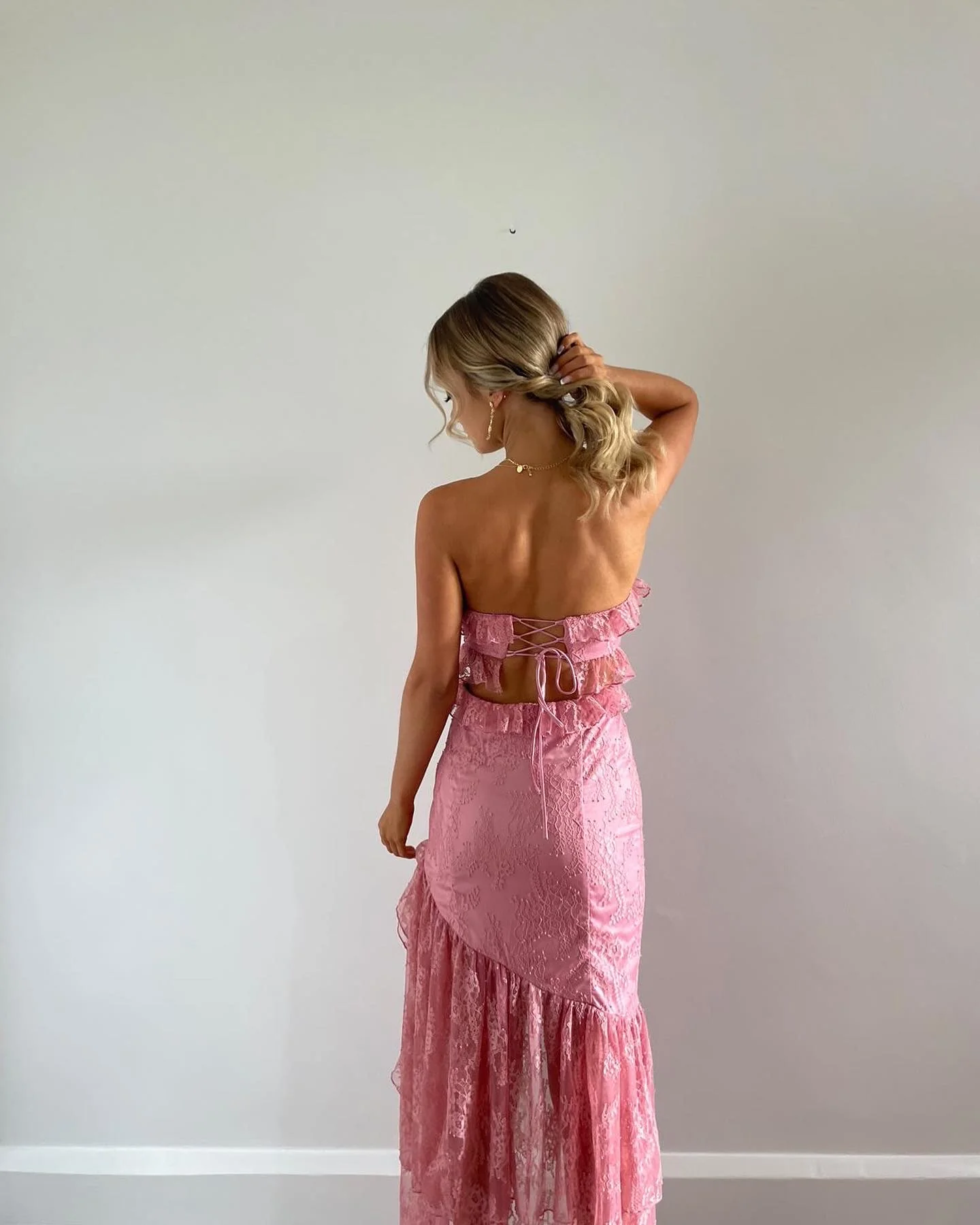 Pink Strapless Cut Out Lace High-Low Sweet Party Dress, DP2207