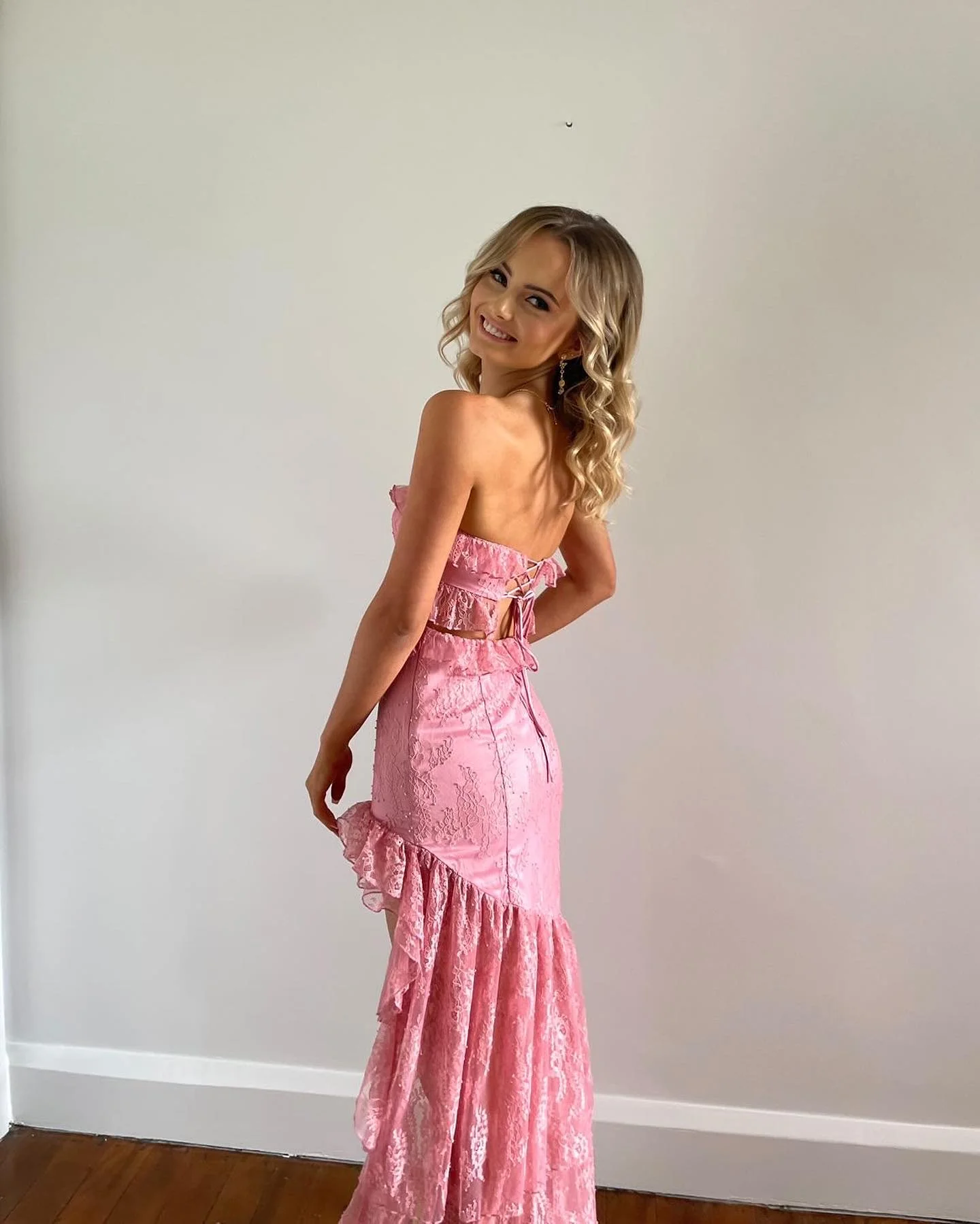 Pink Strapless Cut Out Lace High-Low Sweet Party Dress, DP2207