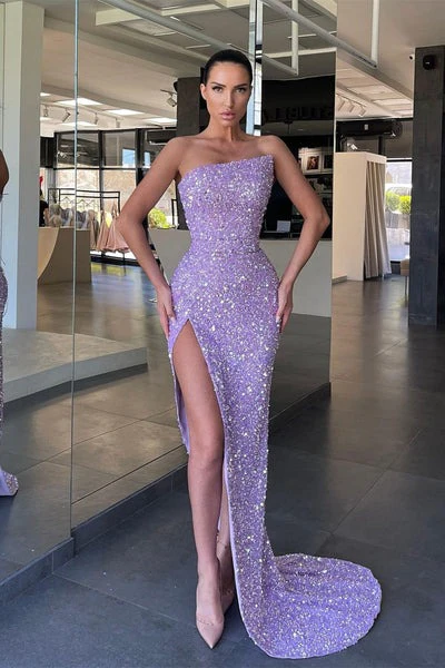 Robe de bal longue asymétrique à paillettes et fente haute, DP2210