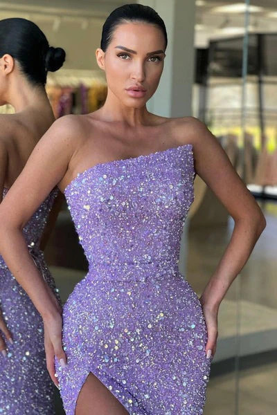 Robe de bal longue asymétrique à paillettes et fente haute, DP2210