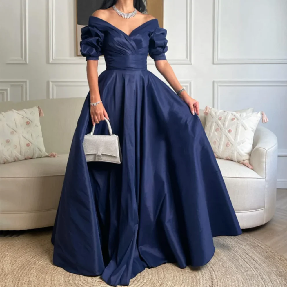 Robe de bal longue trapèze bleu marine élégante à épaules dénudées, DP2222