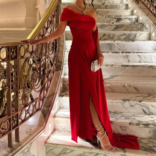 Robe de soirée trapèze asymétrique en satin rouge, DP2225