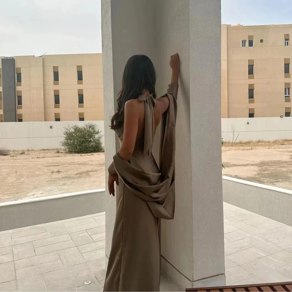 Robe de soirée sirène en satin marron dos nu, DP2240