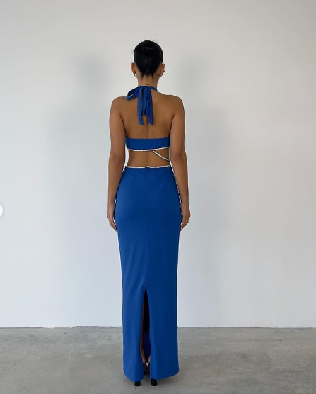 Königsblaues, rückenfreies, langes Partykleid mit tiefem V-Ausschnitt und Neckholder, DP2259