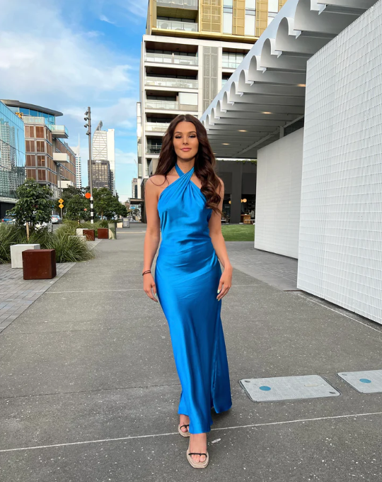 Royal Blue Cross Neck Halter Backless Satin Party Dress, DP2299 DSProm Royal Blue Cross Neck Halter Backless Satin Party Dress, DP2299 DSProm