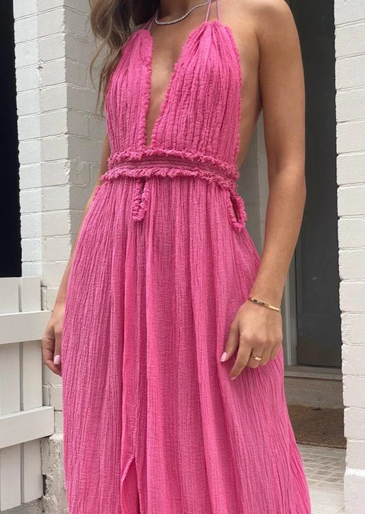 Rückenfreies A-Linien-Partykleid mit tiefem V-Ausschnitt und Schlitz vorne, DP2344