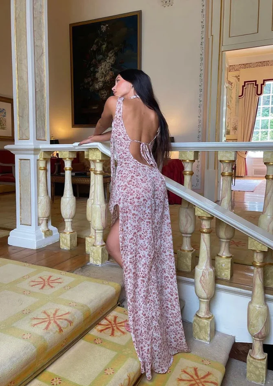 Elegantes, rückenfreies, langes Chiffon-Partykleid mit Blumenträgern, DP2346