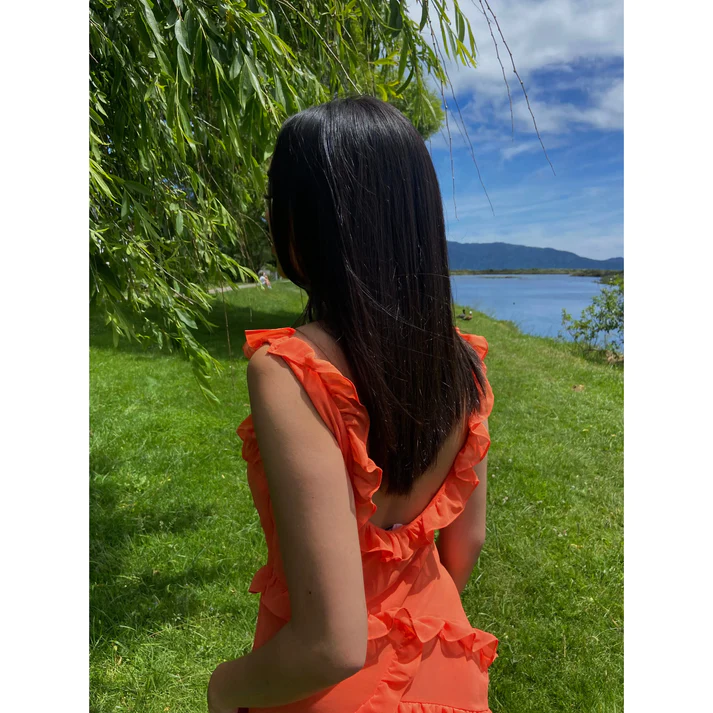 Orange Ruffles Sheath Long Party Dress with Slit, DP2361
