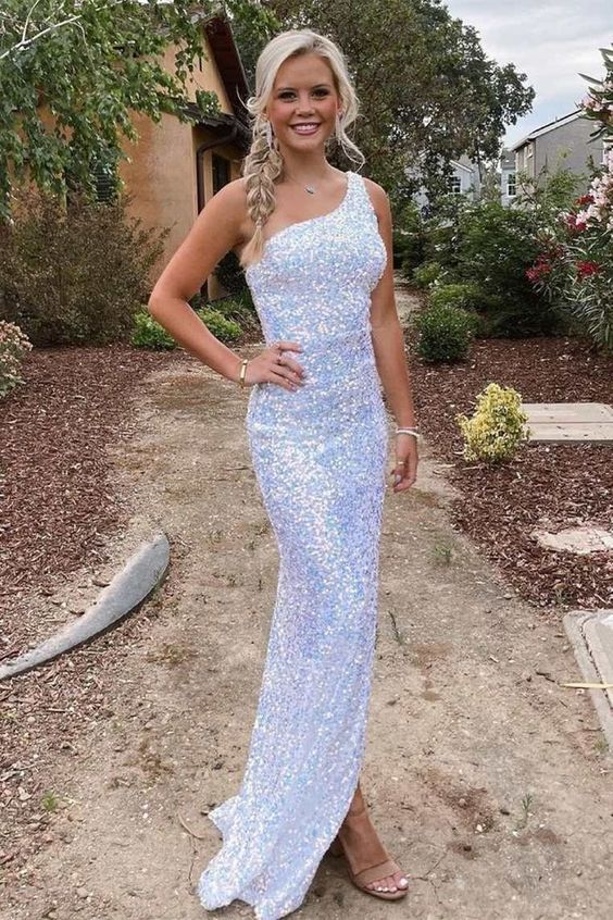 Robe de bal longue à paillettes blanches, asymétrique, fendue sur le côté, DP0266